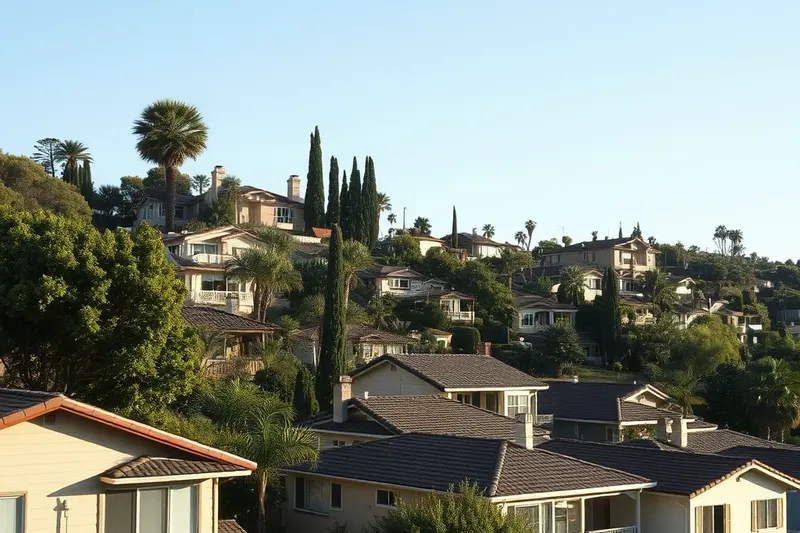Older and newer hillside homes with trees in Brea