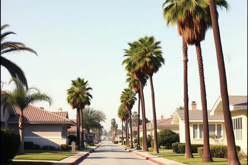 Street of 1950s ranch homes with palm trees in Buena Park