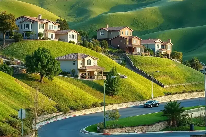 Hillside homes on curving streets with green hills behind in Chino Hills