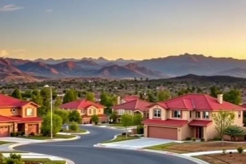 Two-story stucco tract homes with tile roofs below the Santa Ana Mountains in Corona