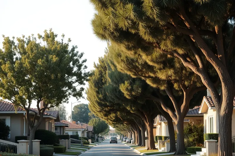 Street of 1950s and 1960s ranch homes with mature trees in Costa Mesa