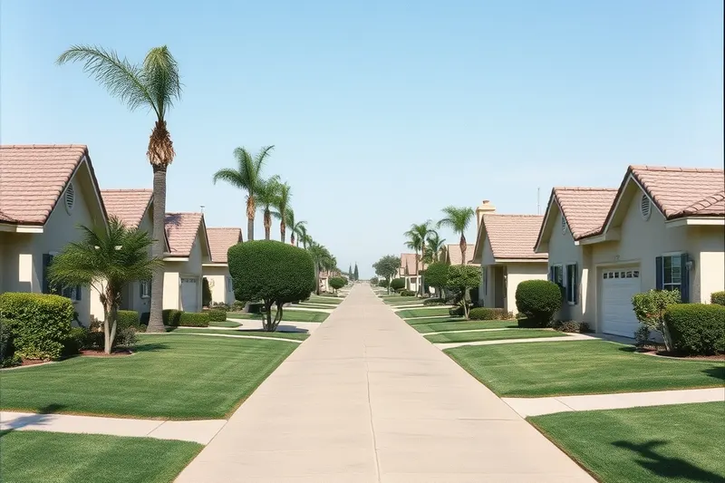 Suburban street of 1960s and 1970s homes in Cypress