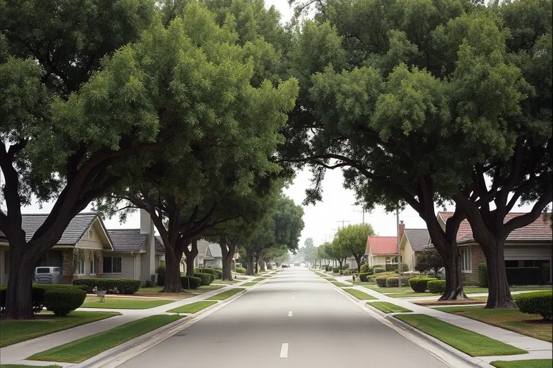 Street of 1950s ranch homes with large trees in Downey
