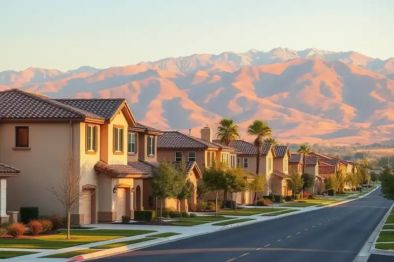 Newer two-story stucco homes on a wide street with mountains behind in Fontana