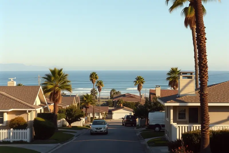 Street of 1960s single-story tract homes near the coast in Huntington Beach