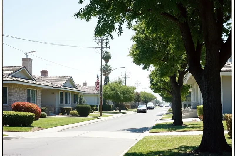 Street of 1950s post-war tract homes with lawns and street trees in Lakewood