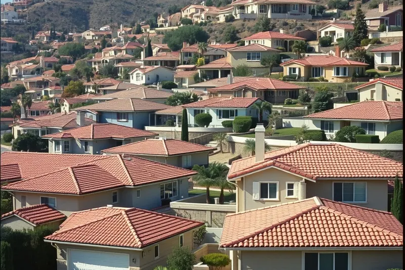 Hillside neighborhood of 1970s and 1980s homes with tile roofs in Mission Viejo