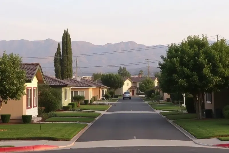 Small 1950s single-story homes with front lawns on a quiet street in Montclair