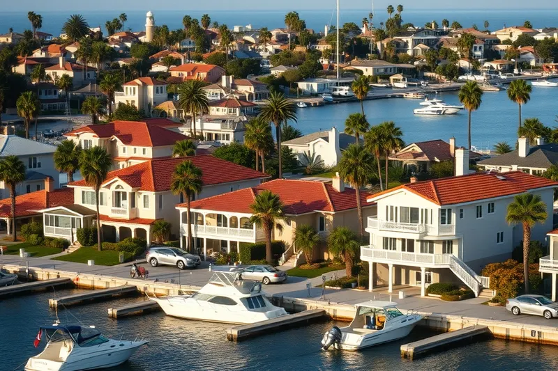 Homes along a bay with boats and palm trees in Newport Beach