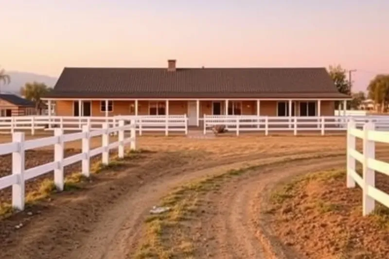 Ranch home with a horse corral and white rail fence on a large lot in Norco