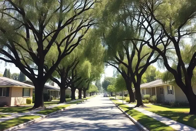 1950s single-story homes under large shade trees on a residential street in Ontario