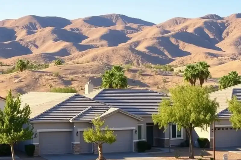 Newer single-story stucco homes with young trees in a Perris subdivision