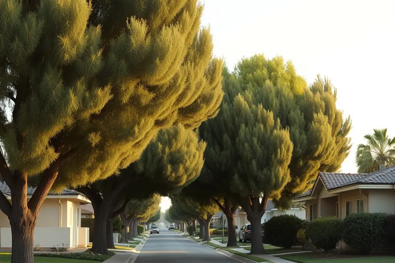 Street of 1960s ranch homes with mature trees in Placentia