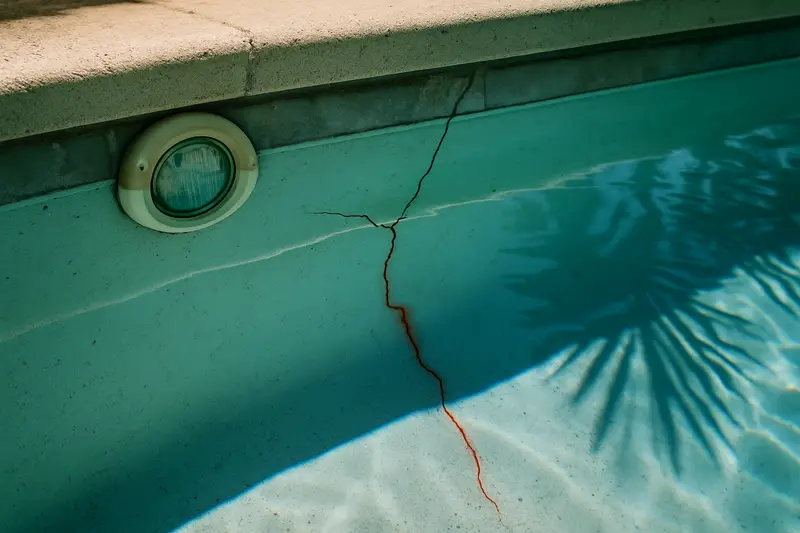Red dye drawn into a crack beside a pool light during a pool leak test