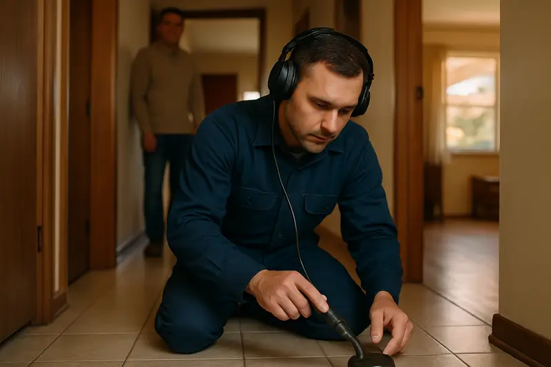 Plumber using an acoustic leak detector on a tile hallway floor
