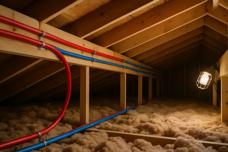 New red and blue PEX water lines run through an attic