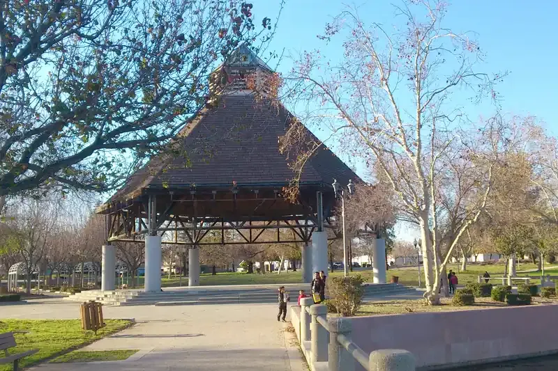 Pavilion and sycamores at Seccombe Lake Park in San Bernardino