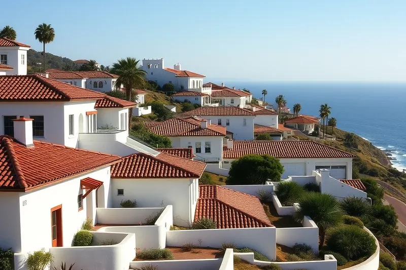 White Spanish-style homes with tile roofs above the ocean in San Clemente