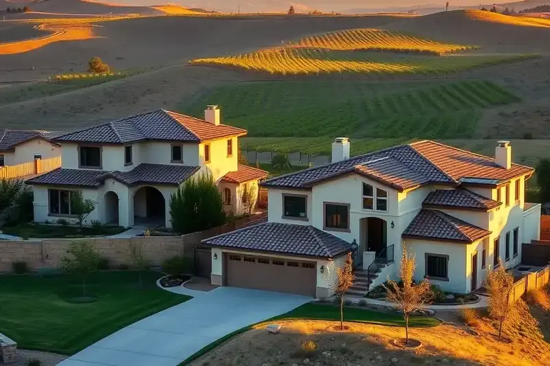 Two-story stucco homes on rolling hills with vineyards in the distance in Temecula