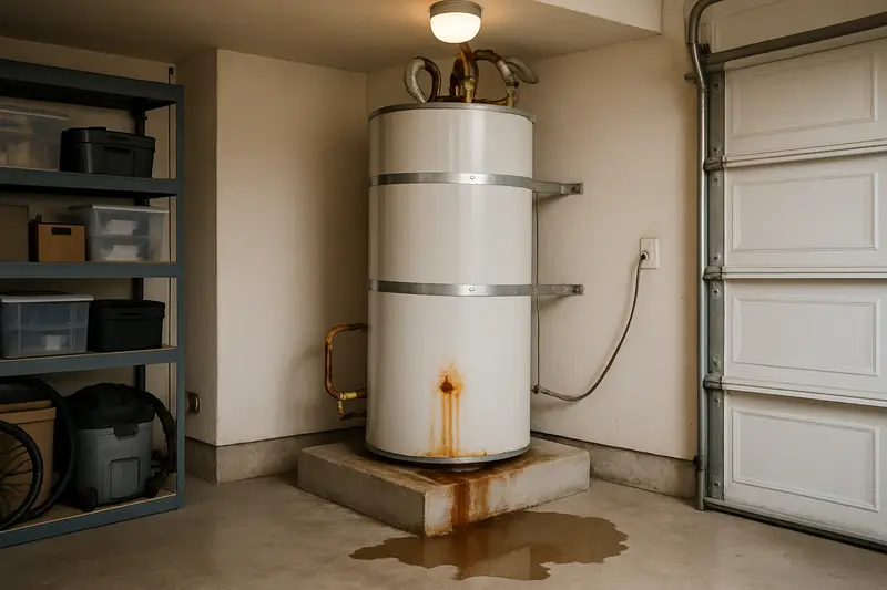 Garage water heater with seismic straps and a rusty puddle at its base