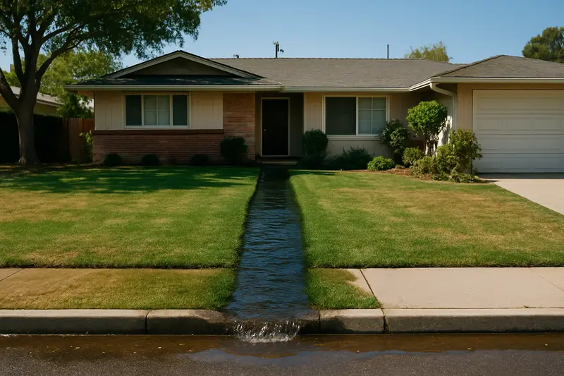 Water running from a soggy strip of front lawn to the curb from a broken service line